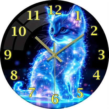 One 12-inch glowing neon cat silent wall clock - stunning blue galaxy kitten design, made with thick tempered glass, perfect for home and kitchen decor, Valentine's Day or anniversary gift. Batteries not included, cat-themed