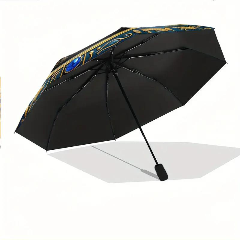 Automatic Open/Close Egyptian Hieroglyphics & Scarab Beetle Umbrella - Navy Blue & Golden Ancient Egyptian Design, 8-Rib Sturdy Frame, Compact Travel Umbrella with Automatic, Portable Rain Cover, Ideal Gift For History Lovers