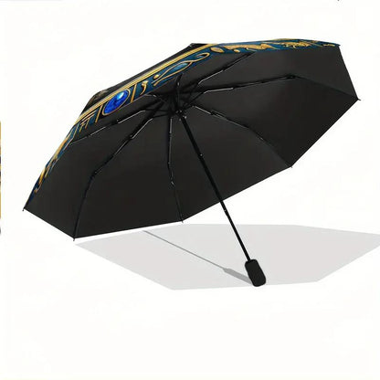 Automatic Open/Close Egyptian Hieroglyphics & Scarab Beetle Umbrella - Navy Blue & Golden Ancient Egyptian Design, 8-Rib Sturdy Frame, Compact Travel Umbrella with Automatic, Portable Rain Cover, Ideal Gift For History Lovers