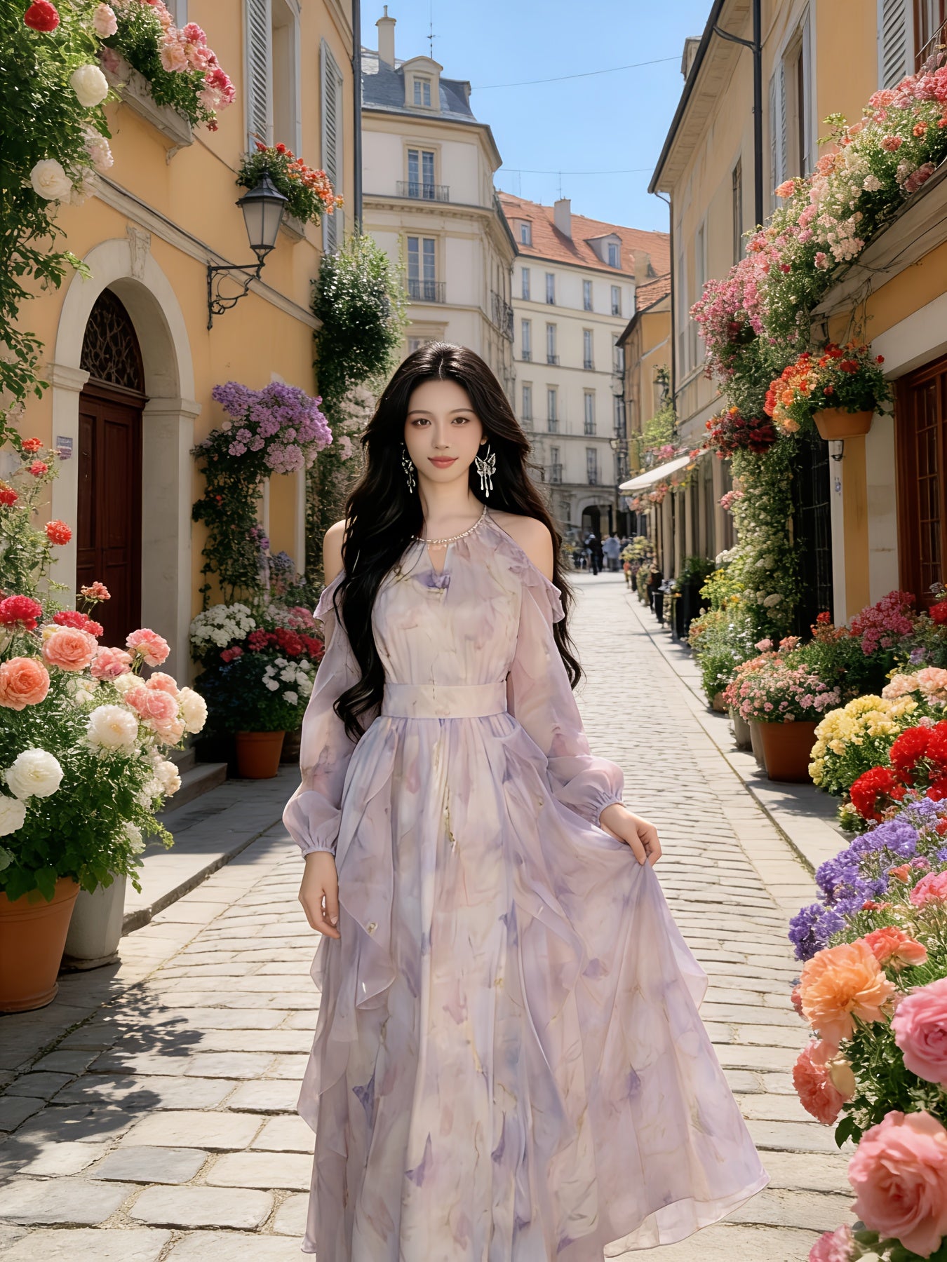 French Style Halter Neck Off-the-Shoulder Floral Chiffon Dress for Women, Super Fairy Waist-Cinched Flowy Maxi Dress with Gentle & Feminine Vibe for Spring And Summer; Irregular Ruffled Waist-Cinched Long-Sleeve Printed Maxi