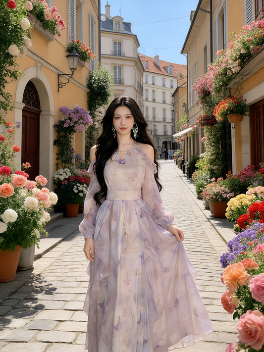 French Style Halter Neck Off-the-Shoulder Floral Chiffon Dress for Women, Super Fairy Waist-Cinched Flowy Maxi Dress with Gentle & Feminine Vibe for Spring And Summer; Irregular Ruffled Waist-Cinched Long-Sleeve Printed Maxi