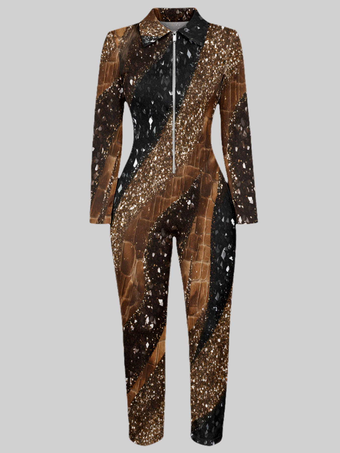 Ladies' Four-Season Long-Sleeved Sexy Jumpsuit | Front Zipper Design, Light Style, Fashionable Full-Print, Perfect for Daily Outings and Casual Wear, Fashionable and Sexy Outfit