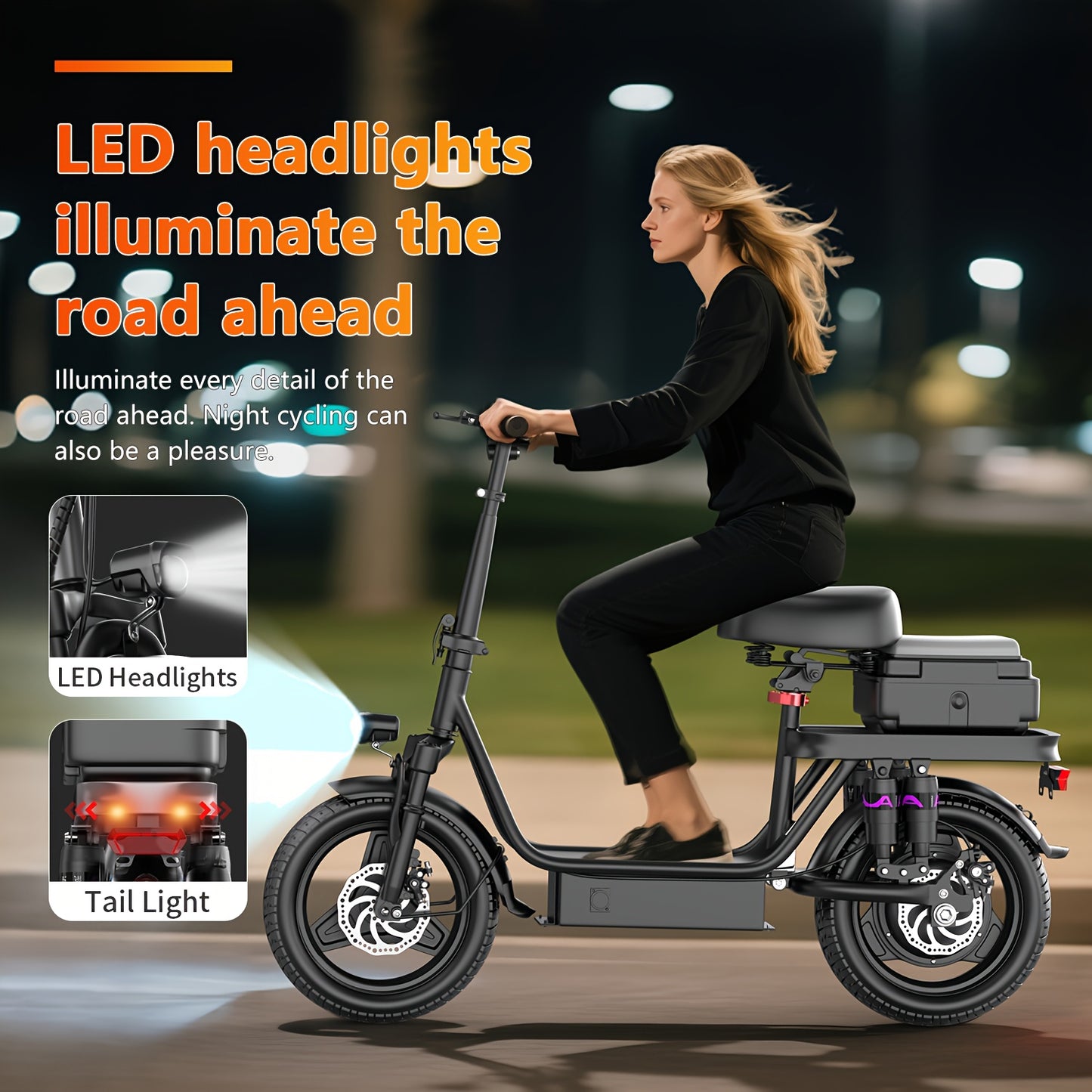 Peak Power 740W Adult Electric Scooter with Seat, 48V10/15AH Lithium Battery, 10 Shock Absorption, 14-Inch Tubeless Protective Tires, Dual Disc Brakes
