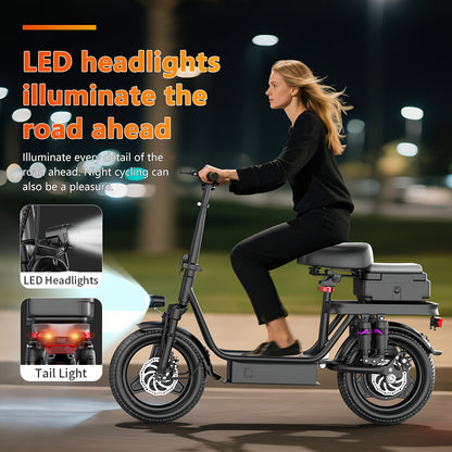 Peak Power 740W Adult Electric Scooter with Seat, 48V10/15AH Lithium Battery, 10 Shock Absorption, 14-Inch Tubeless Protective Tires, Dual Disc Brakes