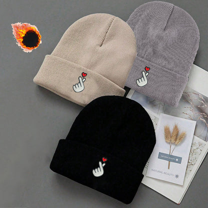 3-Pack White/Grey/Black Beanie Hats with Heart & Thumbs Up Hands Logo - Lightweight Stretch Winter Caps for Men & Women, Unisex Foldable Warm Beanies for Skiing, Outdoor Activities, Parties (Easy-Care, One Size Fits All)