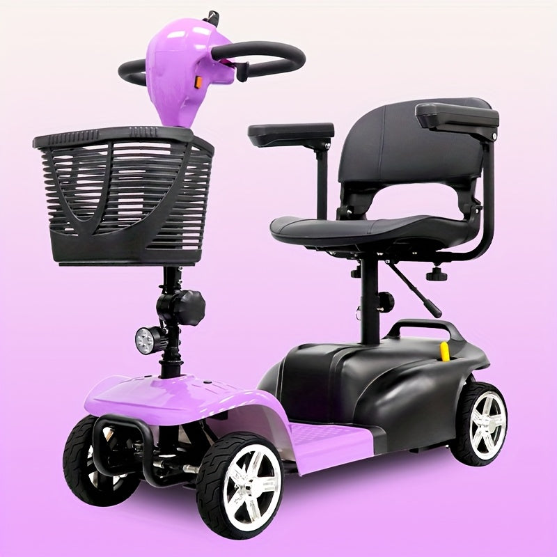 The Foldable Mobility Scooter Features A 250W Motor And Reaches A Speed Of 6 Mph.This Senior-friendly Scooter Has A 15-17 Mile Range, 13.5Ah Battery, All-terrain Tires, And Comes with A Detachable Seat, Basket, Phone Holder,