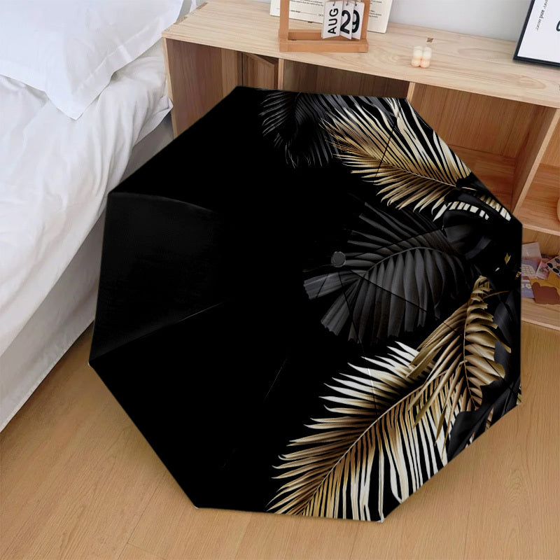 Automatic Open/Close Umbrella with One-Touch Button - Windproof 8-Rib Sturdy Frame, Black & Golden Leaf Design - Compact Travel Umbrella with One-Button Closing Mechanism for Men & Women, Automatic Open/Close, Black & Golden/