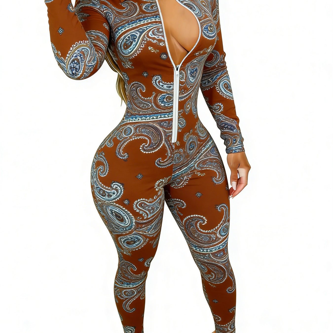 Brown Women's Long Sleeve Jumpsuit with Paisley Print - Slim Fit, Stylish & Sexy for Dates, Parties & Daily Outings, Sizes 2XS-2XL