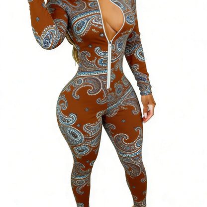 Brown Women's Long Sleeve Jumpsuit with Paisley Print - Slim Fit, Stylish & Sexy for Dates, Parties & Daily Outings, Sizes 2XS-2XL