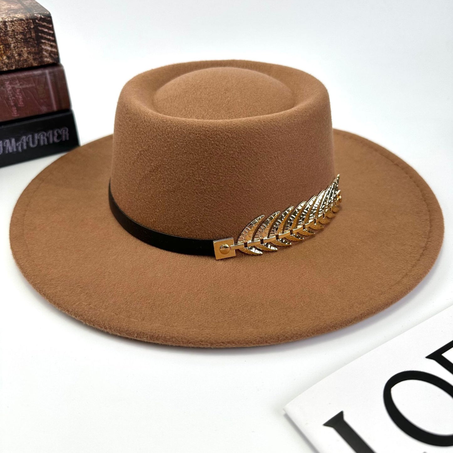 1pc Women'S Retro Wide-Brimmed Fedora Hat with Metal Crescent & Black Leather-like Band - Vibrant Orange/Red/Green/Black/Navy Blue/Purple/White - Elegant Non-Stretch Design for Autumn Winter, Music Festivals, Christmas & Dail
