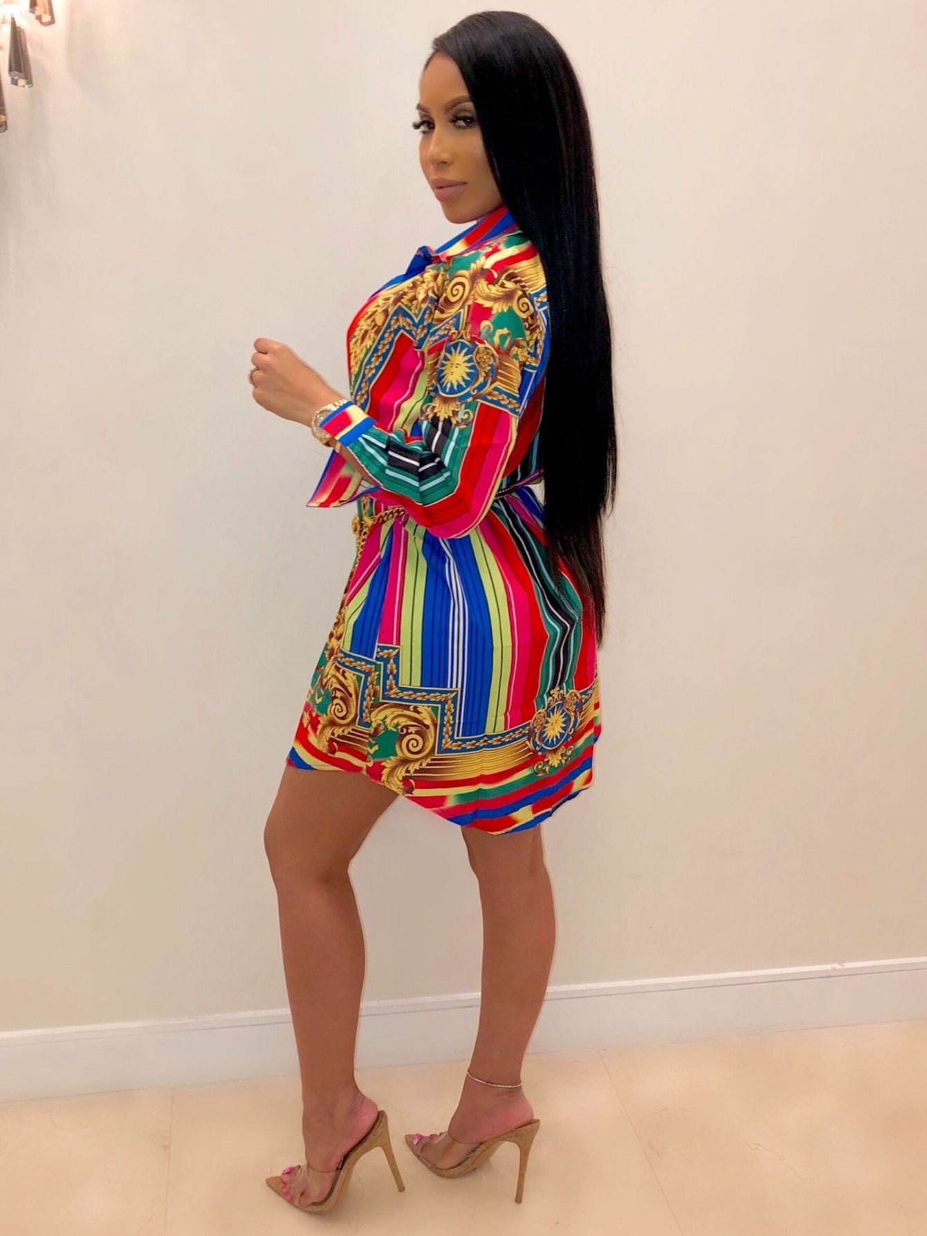 Ladies' Casual Shirt Dress with Colorful Striped Long Sleeved Shirt Dress