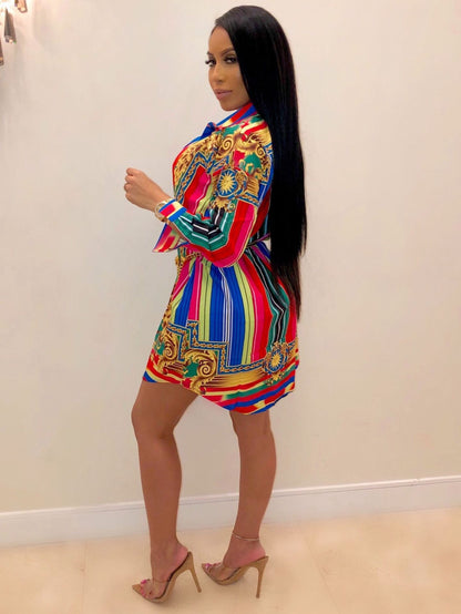 Ladies' Casual Shirt Dress with Colorful Striped Long Sleeved Shirt Dress