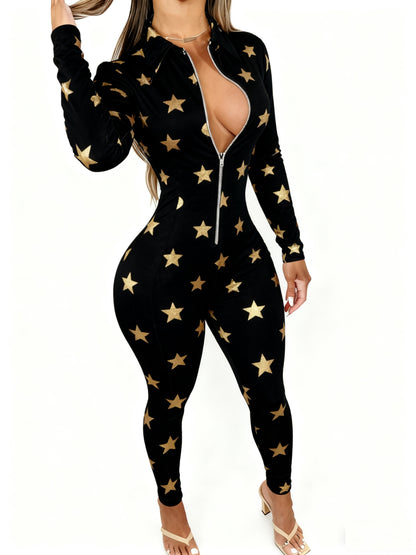 Plus Size - Women'S Elegant Long Sleeve Jumpsuit | Front Zipper Design, Lightweight Retro Cute Bird & Floral Art Graffiti Print, Perfect for Daily Outings & Casual Wear, All-Season, Slight Stretch Fabric