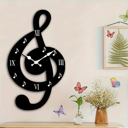 Creative hollow-out wall clock, minimalist musical note design, irregularly cut music-themed clock, silent quartz movement. Suitable for bedrooms, living rooms, offices, kitchens, and bathrooms. Battery-powered (batteries not