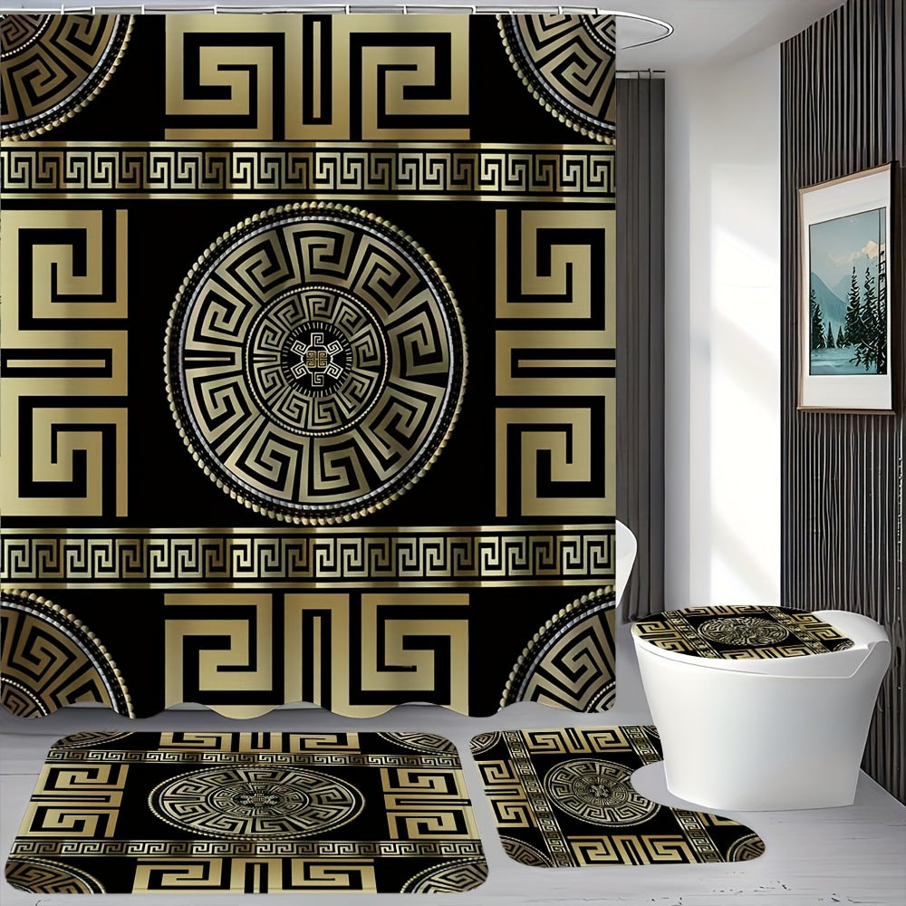 1/4pcs Golden Glitter, Geometric Pattern Bathroom Set, High Quality and Multifunctional Shower Curtain with 12 Hooks, Nonslip Bathroom Mat, Ushaped Toilet Mat, Toilet Seat Mat, Bathroom Decoration, Bathroom Partition, Room De