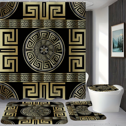 1/4pcs Golden Glitter, Geometric Pattern Bathroom Set, High Quality and Multifunctional Shower Curtain with 12 Hooks, Nonslip Bathroom Mat, Ushaped Toilet Mat, Toilet Seat Mat, Bathroom Decoration, Bathroom Partition, Room De