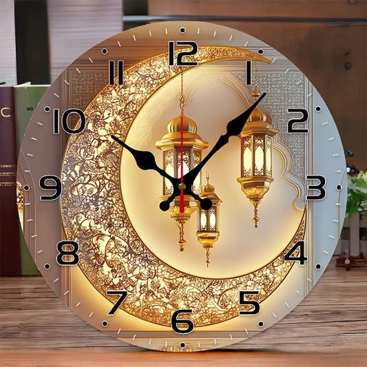 10 Inch Golden Moon Lantern Eid Backdrop Clock - European Style Silent Wall Clock with Wood Veneer, Ornate Floral Patterns & Golden Lanterns - Battery Operated (AA Not Included) - Perfect for Living Room, Study Decor, New Yea