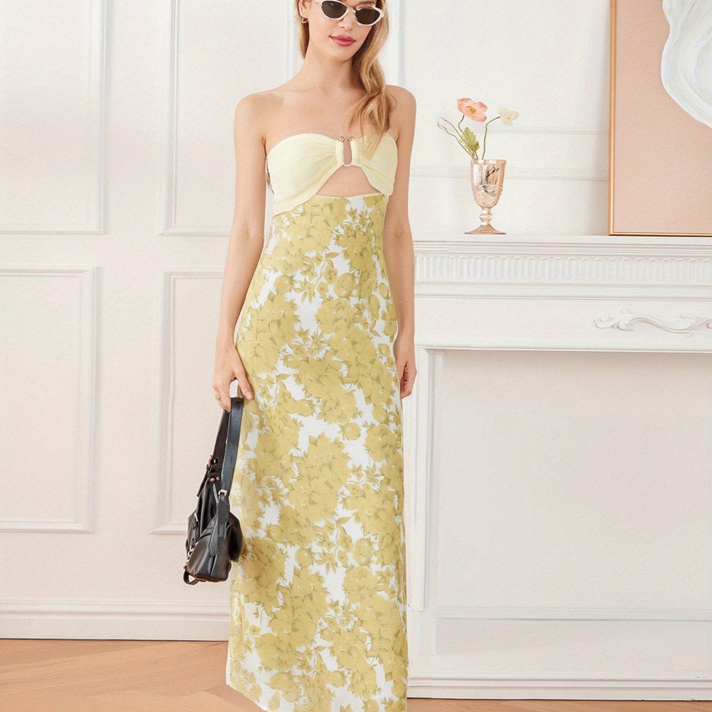 Women's Elegant Strapless/One-Shoulder Hollow Out Floral Print or Solid Pink Tube Bodycon Maxi Dress with Bow Tie Back - Mermaid Silhouette Long Formal Evening Party Wedding Dress, Hand Washable Summer Dress for Women, Stylis