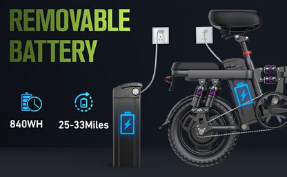 Hisent Adult Electric Bicycle, 48V 6A10A/15A/17.5A Lithium Battery, 20MPH, 8-35 Miles Range, 740W Brushless Motor, Multiple Shock Absorbers, 14" High-quality Tires, 3-step Folding, LCD Display, with Headlight And Taillight, C