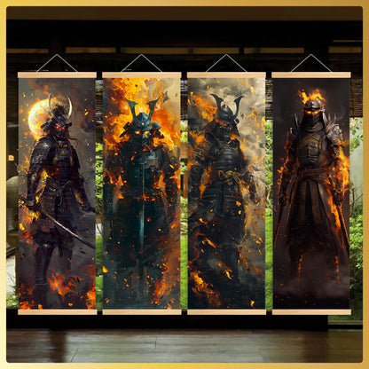 4pcs Unframed Dynamic Flaming Samurai Canvas Posters - Japanese Ukiyo-e Art Style, Odorless & HD, Ideal for Gaming Room/Living Room Decor, Perfect Gift for Japanese Culture Enthusiasts, Indoor Wall Art, Living Room Decor | Sa