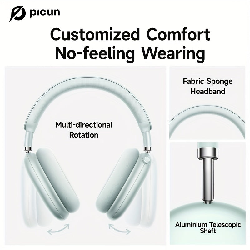 Picun F8Pro Wireless Over-Ear Headphones with 52dB Hybrid ANC, Hi Res Audio, 140H Playtime, Dual Device Pairing, 5 Mic ENC & Detachable Fabric Cushions All Day Comfort for Work & Travel, Picun