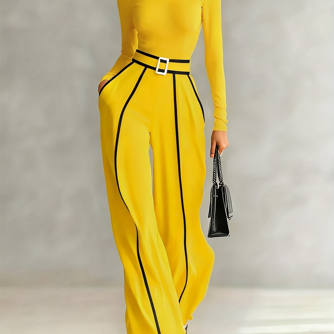 Women's Two-Piece Set: High-Neck Long-Sleeve Top with Contrast Straight-Leg Pants Featuring Pockets and Belt, Elegant and Versatile Design for Autumn/Winter Commuting