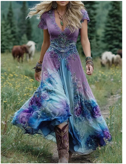 Women's Bohemian A-Line Midi Dress with Pockets - Short Sleeve V-Neck Blue Purple Pink Green Floral print Dress, Lightweight Breathable Fabric Suitable for Spring Summer Fall, Casual to Semi-Formal Occasions