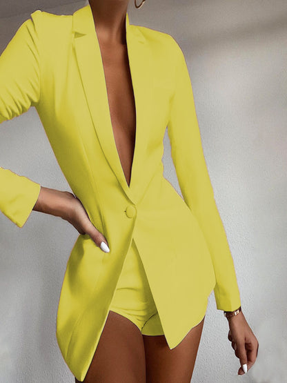 Women'S Elegant Two-Piece Set - Mustard-Yellow Pantsuit, Turn- Collar Long Sleeve Outfit, All-Season Formal & Casual Chic Ensemble for Office, Parties, Casual Attire - European-American Border Style Women'S Clothing, Office A