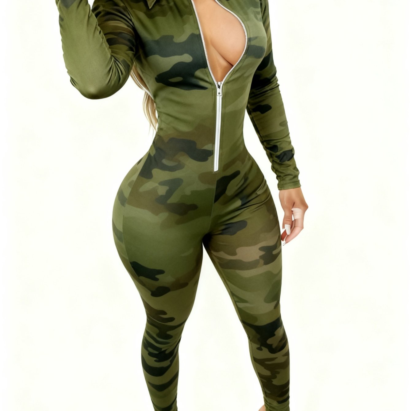 Women's Elegant Sexy Full-Body Print Jumpsuit - Long Sleeve Collar Zipper Front -Pant Outfit, All-Season Party Wedding Guest Special Occasion Attire, Machine Washable