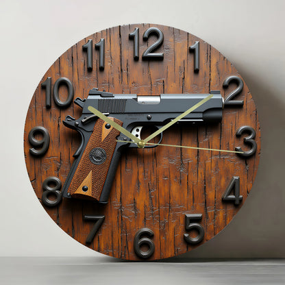 2D Flat Acrylic Wall Clock with Gun Design - Silent Non-Ticking Battery Operated (AA Not Included) - Modern Home Office Dorm Decor - Unique Christmas Halloween Birthday Gift, 2D Flat