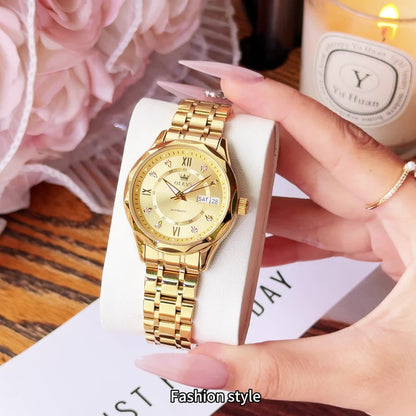 OLEVS Women'S Stainless Steel Automatic Mechanical Watch with Luminous Hands & Chronograph - Golden-Tone Elegant Round Watch, High Quality (Not), Luxury Analog Wristwatch for Women, No Battery/Easy Maintenance, Durable Everyd