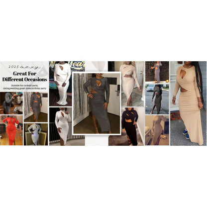 Plus Size - Plus Size, Women'S Elegant Sexy Ruched Bodycon Dress - Long Sleeve Fitted Midi Length with Keyhole Neckline & Slit Hem, Solid All-Season Party to Semi-Formal Dress, Round Neck to Asymmetrical Hemline, Versatile fo