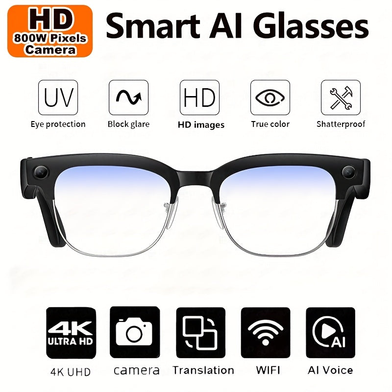 New Smart AI Glasses for Photo And Video Recording, with 800W Pixel Ultra-wide Camera, High-definition Video 1080P, Anti-shake for Photography And Video, Blue Light Blocking, Dual-mic Noise Reduction, AI Voice Control, Wi-Fi