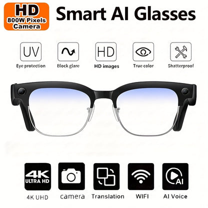 New Smart AI Glasses for Photo And Video Recording, with 800W Pixel Ultra-wide Camera, High-definition Video 1080P, Anti-shake for Photography And Video, Blue Light Blocking, Dual-mic Noise Reduction, AI Voice Control, Wi-Fi