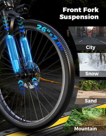 G26 749W/500-750W Peak Motor Electric Bike for Adults - 55-Mile Range 25 MPH Heavy-Duty E-Bike, 26" All-Terrain Tire-like Carbon Wheel, 480Wh Removable Battery, 7-Speed & Front Suspension, White/Black ( Plug) - Ebike for Comm