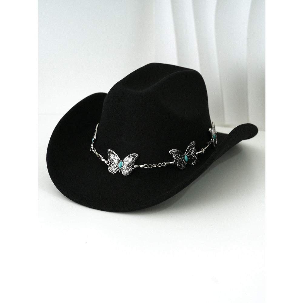 Women'S Bohemian Turquoise & White Cowboy Hat - Felt Wide Brim Sun Hat with Butterfly Metal Chain Accent, Non-Stretch Formal & Western Style for Christmas, Festivals, Casual Attire - Hand Washable Elegant Felt Cowboy Cap, Cow