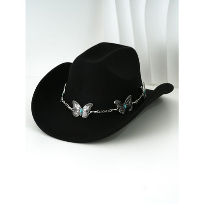 Women'S Bohemian Turquoise & White Cowboy Hat - Felt Wide Brim Sun Hat with Butterfly Metal Chain Accent, Non-Stretch Formal & Western Style for Christmas, Festivals, Casual Attire - Hand Washable Elegant Felt Cowboy Cap, Cow