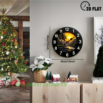 12inch Silent Wall Clock, Palm Tree, Sunset, Mountain, River. 2D FLAT Pattern Wood Non-Ticking Nursery Wall Clock, Quiet Clock for Bedroom Homes Office, Cool Stuff for Room Decor, Thanksgiving Day Christmas Holiday Decor, Bed