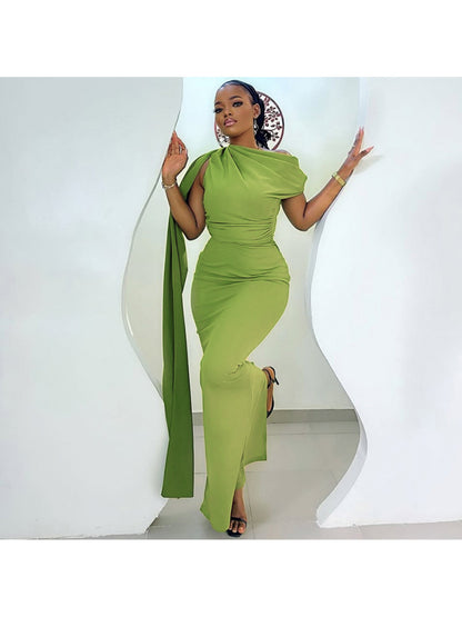 Women's Slim Fit Single Shoulder Dress - Elegant Strapless Diagonal Collar Long Evening Gown Suitable for Weddings, Galas, Proms - Year-Round Formal Dress