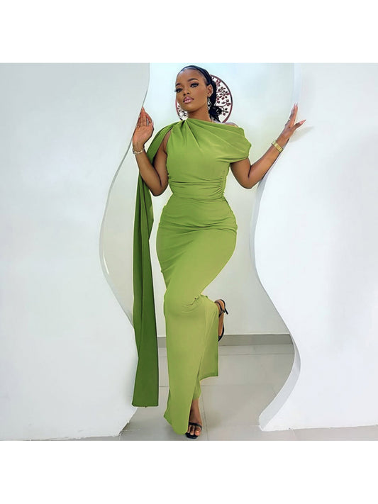 Women's Slim Fit Single Shoulder Dress - Elegant Strapless Diagonal Collar Long Evening Gown Suitable for Weddings, Galas, Proms - Year-Round Formal Dress