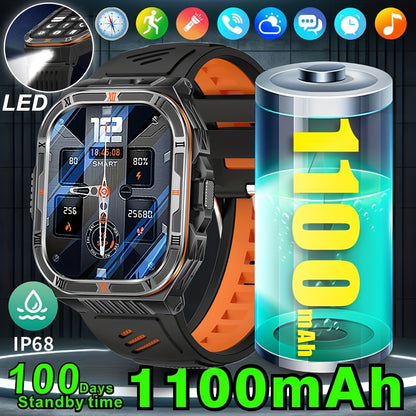COIUSOR Men'S & Women'S Outdoor Sports Smart Watch with Flashlight, 1100mAh Large-Capacity Battery, Built-in Compass, 100+ Sports Modes, 2.01" HD Display, Wireless Calls, AI Voice Assistant, USB Rechargeable - Ideal Holiday G