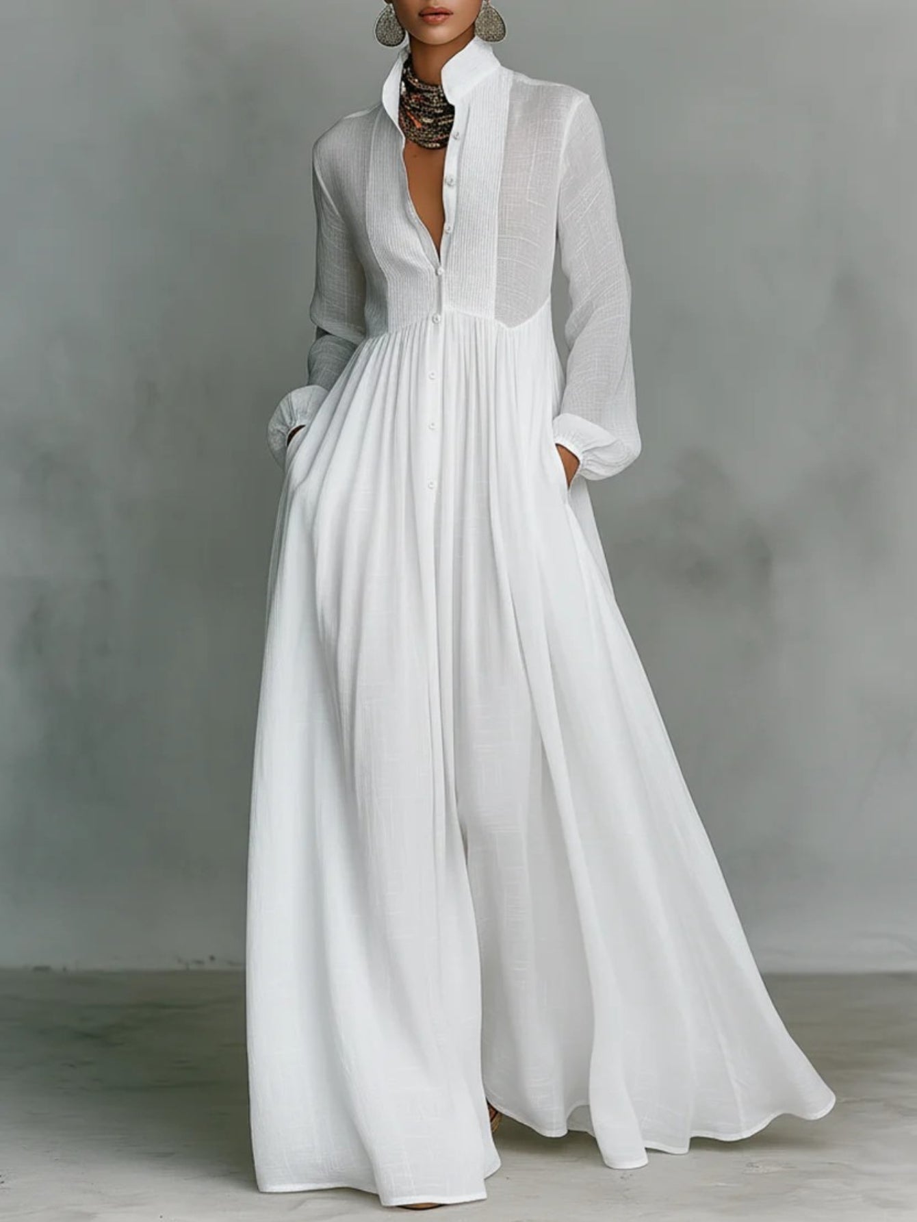 Ruffled Slim Vacation Maxi Dress Spring Summer French Elegant White Long Sleeve Dress