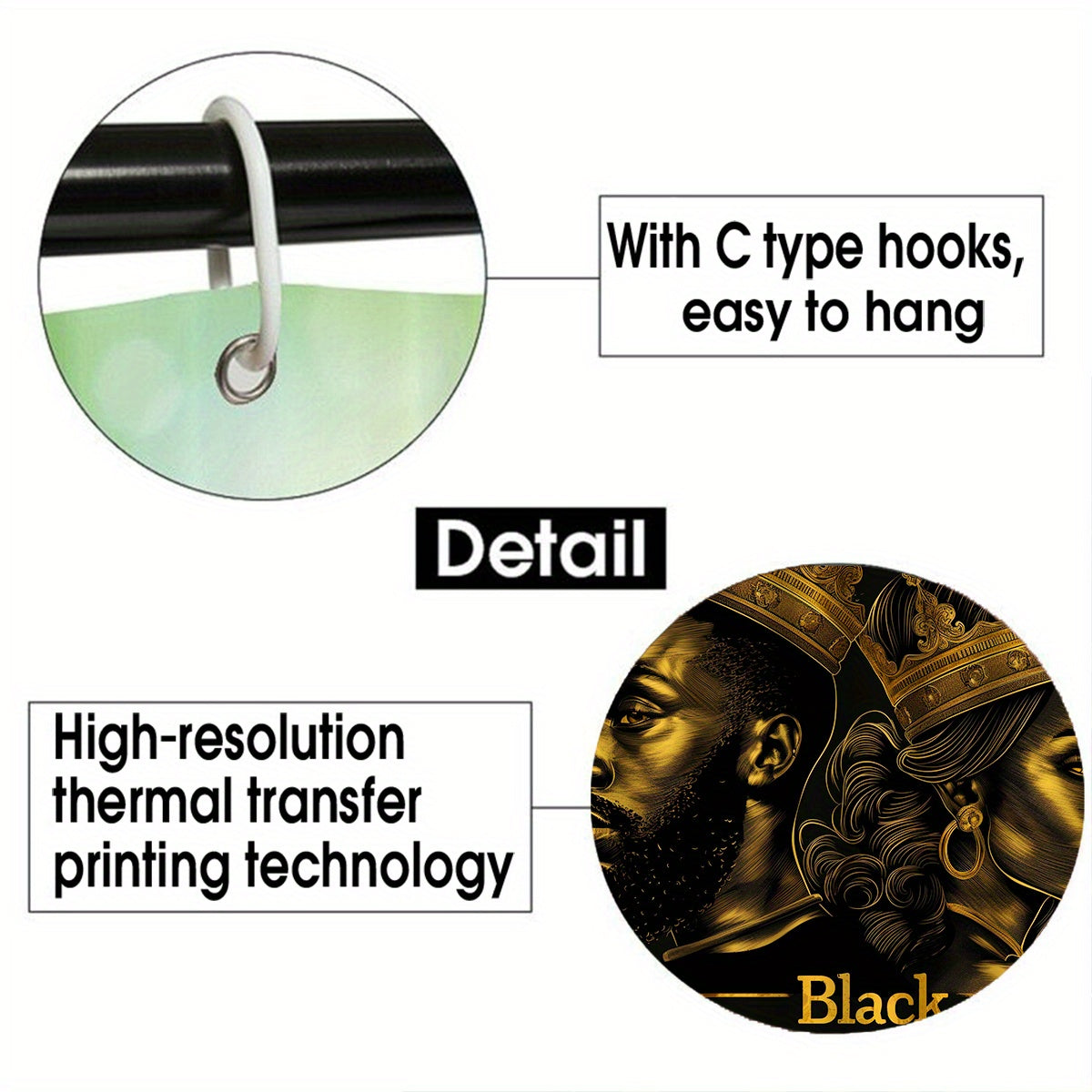 4pcs Black Golden Coronation Ceremony Pattern Printed Shower Curtain Set, Dry and Wet Separation Bathroom Four-piece Set, Home Decoration Shower Curtain with 12 Hooks, Non-slip Mat, U-shaped Toilet Mat, Toilet Seat Mat, Funct