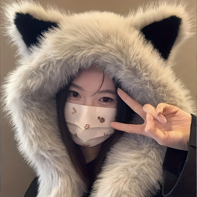 [Cat Ear Hat Scarf] A Soft Polyester Faux Fur Cat Ear Hat with an Integrated Scarf, Suitable for Both Men And Women in Winter, Stylish And Unisex, Lightweight, with a Closure, Perfect for Singles Parties.