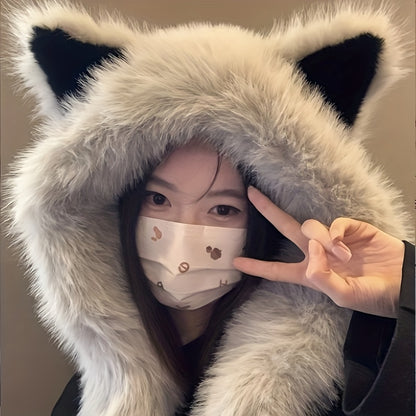 [Cat Ear Hat Scarf] A Soft Polyester Faux Fur Cat Ear Hat with an Integrated Scarf, Suitable for Both Men And Women in Winter, Stylish And Unisex, Lightweight, with a Closure, Perfect for Singles Parties.