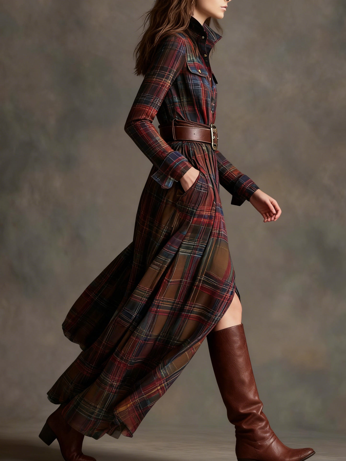 Women'S Autumn-Winter French Retro Elegant Literary Plaid Lapel Maxi Dress | Long Sleeve, Button Details, Vintage Style