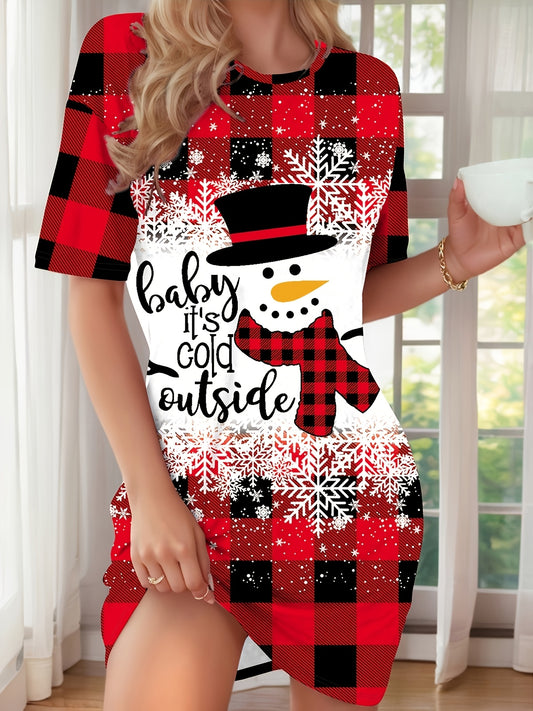 Red & Black Elegant Bohemian Plaid Dress with Snowman & Snowflake Print Women's All-Season Casual Sleepwear, Round Neck Short Sleeve A-Line Dress with Pockets, Comfortable Home Wear For Christmas, Halloween, Valentine'S Day -
