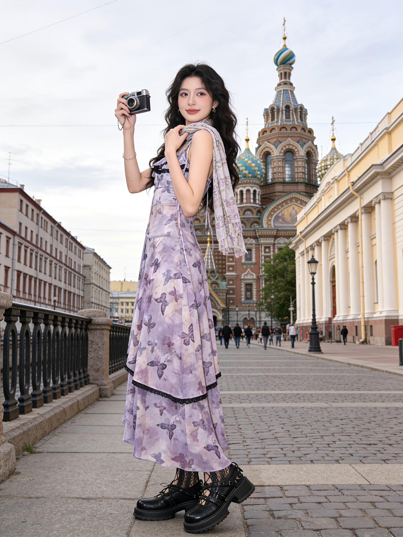 French Vintage Butterfly Floral Camisole Fairy Dress, New Summer Style, Elegant Waist- Mesh Midi Dress