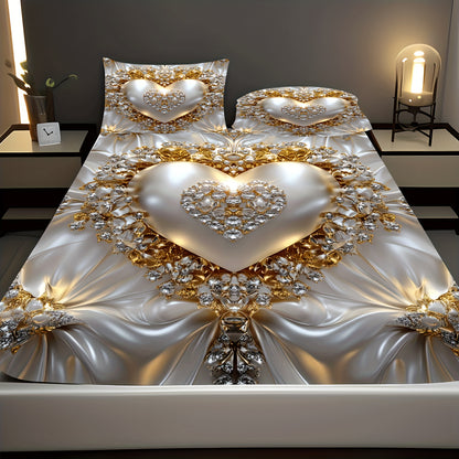 3pcs Heart Jewel Print Fitted Sheet Set, Golden Heart with Gemstones, Breathable Polyester, Machine Washable for All Seasons Ideal for Bedroom Guest Room Master Suite and More Includes 1 Fitted Sheet and 2 Pillowcases No Matt