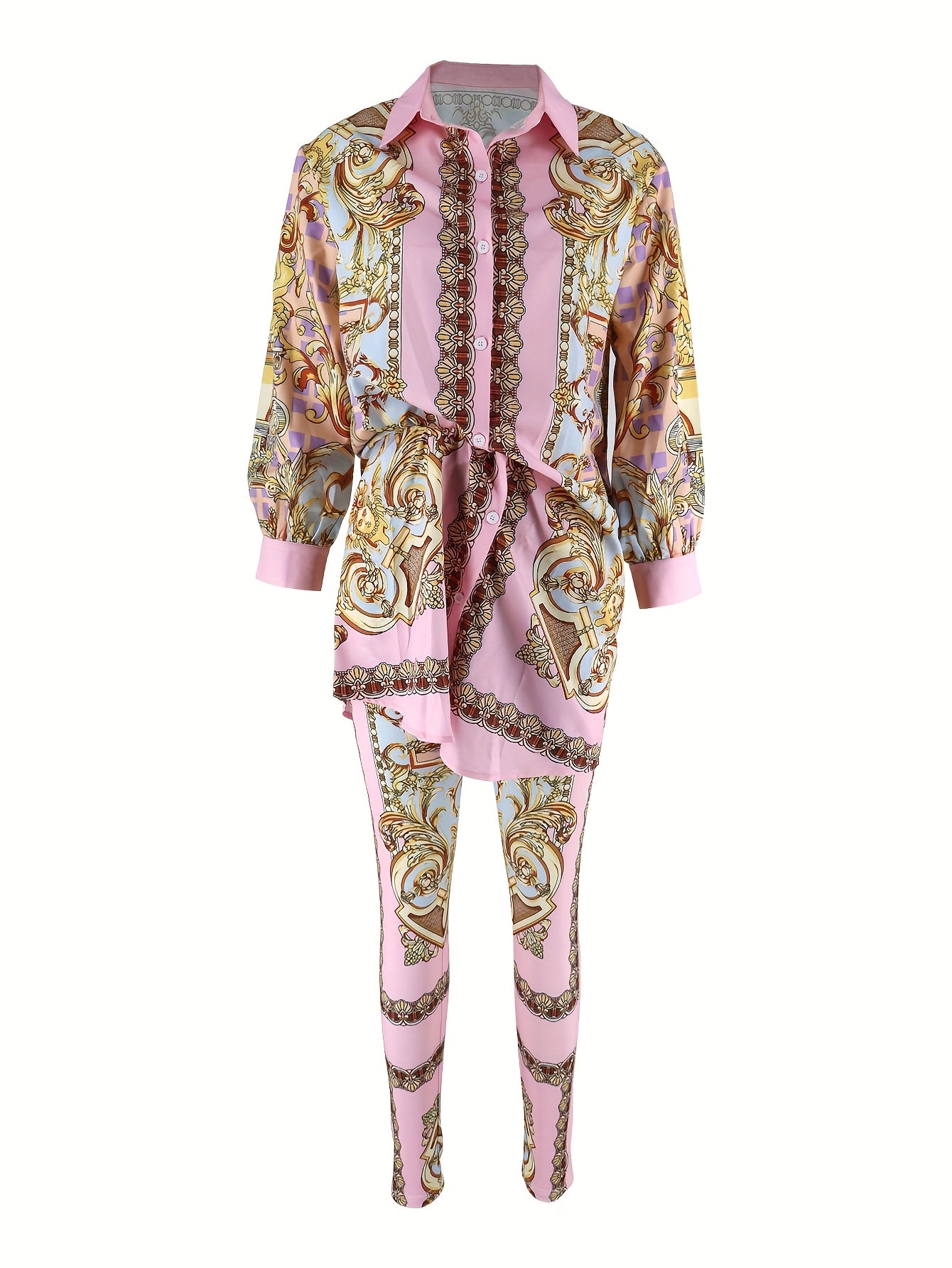 GY029 Vacation Style - Pink Printed Casual Tight Pants - Two-Piece Set for Women - Valentine's Day